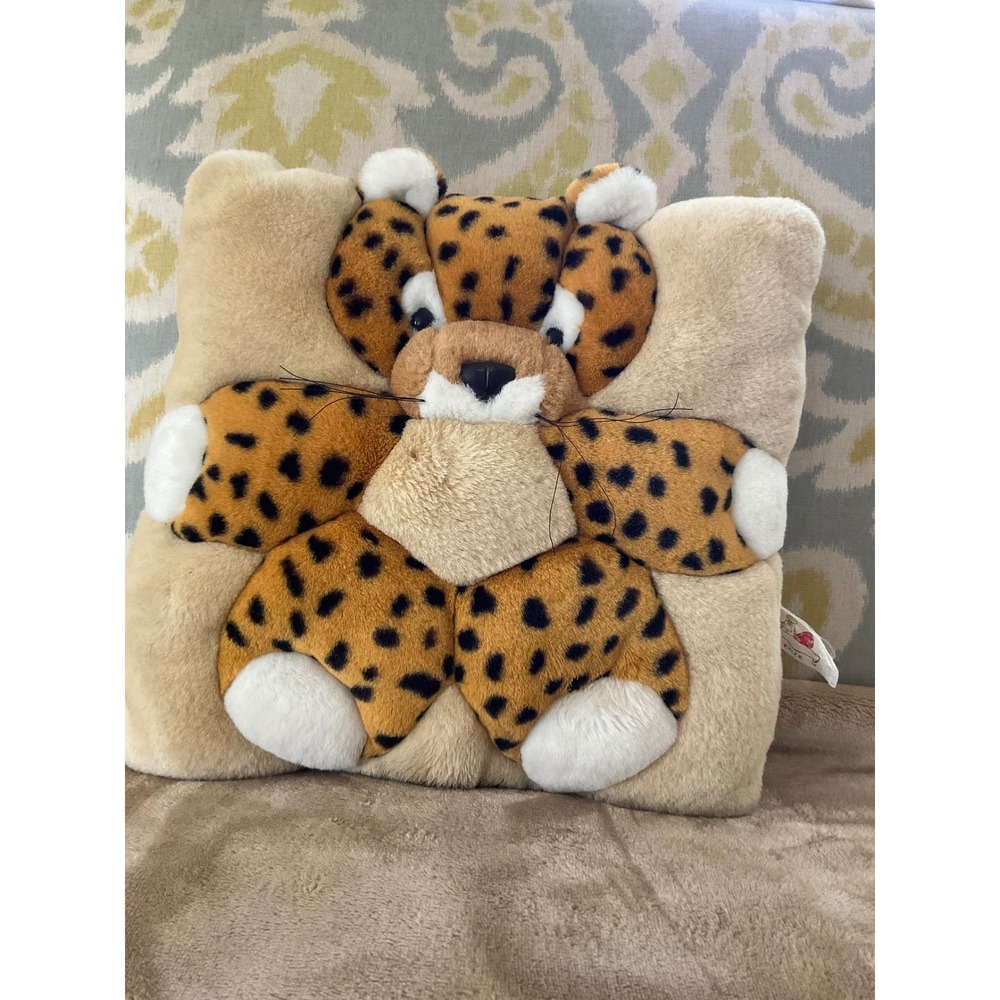 Vintage 1998 Angel Toy Corp Leopard Cheetah Plush Pillow 3D Animal Square 11in
